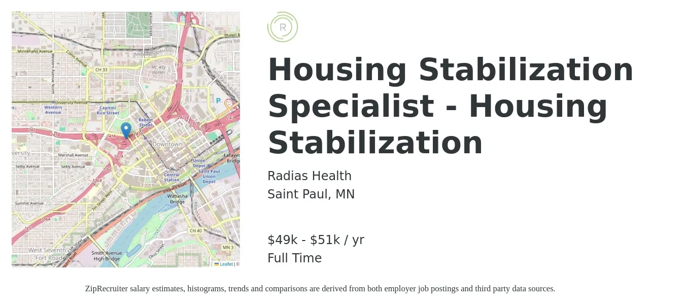 Radias Health job posting for a Housing Stabilization Specialist - Housing Stabilization in Saint Paul, MN with a salary of $49,480 to $51,560 Yearly with a map of Saint Paul location.