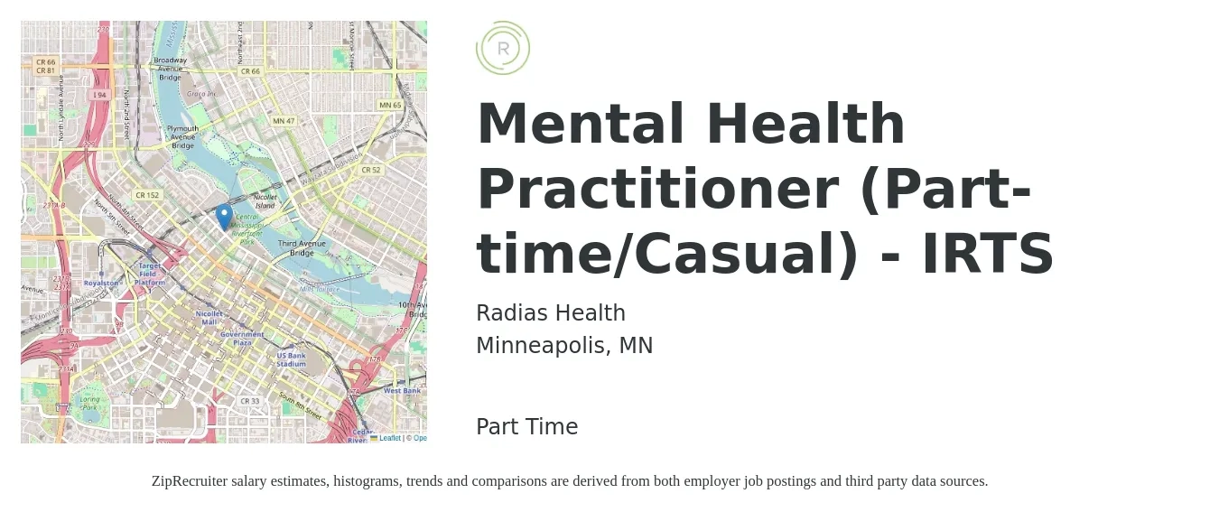 Radias Health job posting for a Mental Health Practitioner (Part-time/Casual) - IRTS in Minneapolis, MN with a salary of $26 Hourly with a map of Minneapolis location.