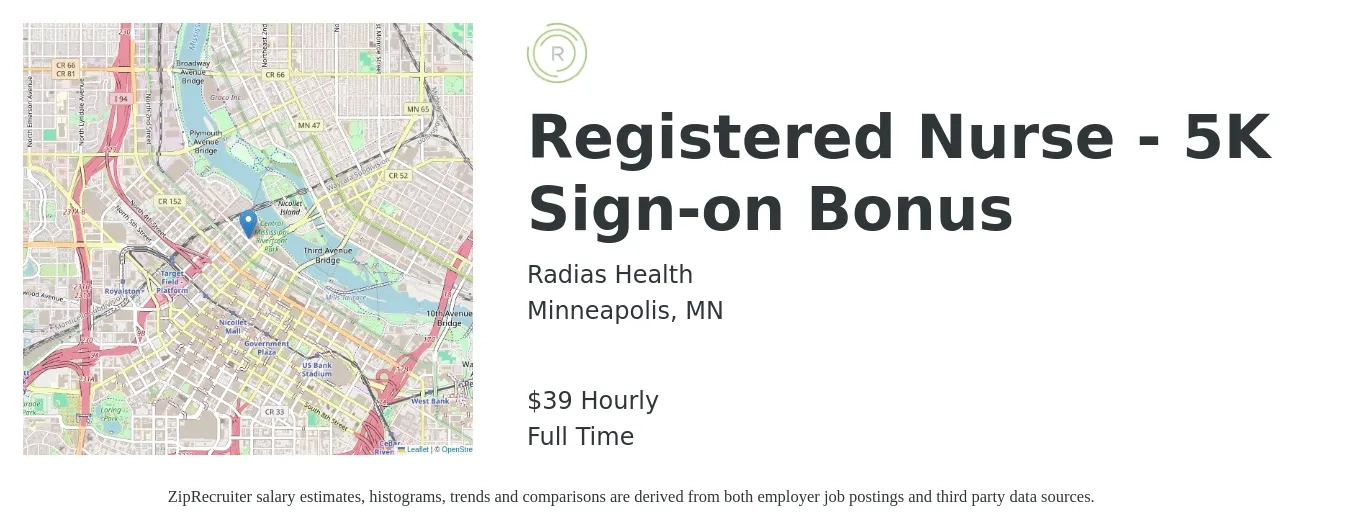 Radias Health job posting for a Registered Nurse - 5K Sign-on Bonus in Minneapolis, MN with a salary of $41 Hourly with a map of Minneapolis location.