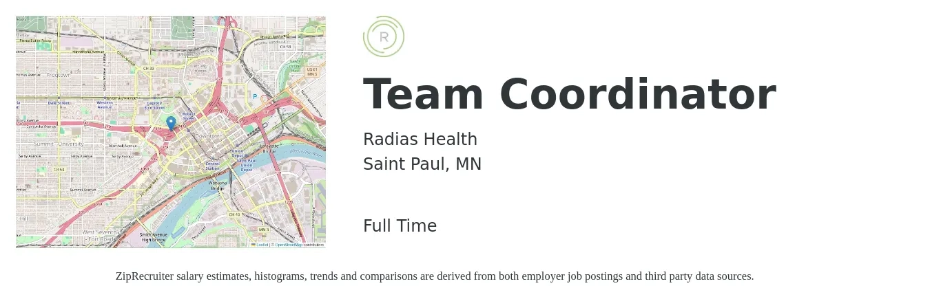Radias Health job posting for a Team Coordinator in Saint Paul, MN with a salary of $18 to $26 Hourly with a map of Saint Paul location.