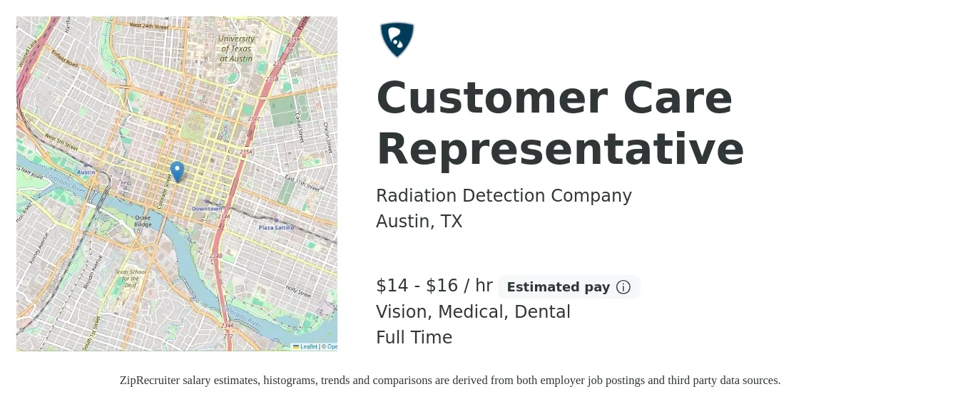 Radiation Detection Company job posting for a Customer Care Representative in Austin, TX with a salary of $15 to $17 Hourly and benefits including retirement, vision, dental, and medical with a map of Austin location.