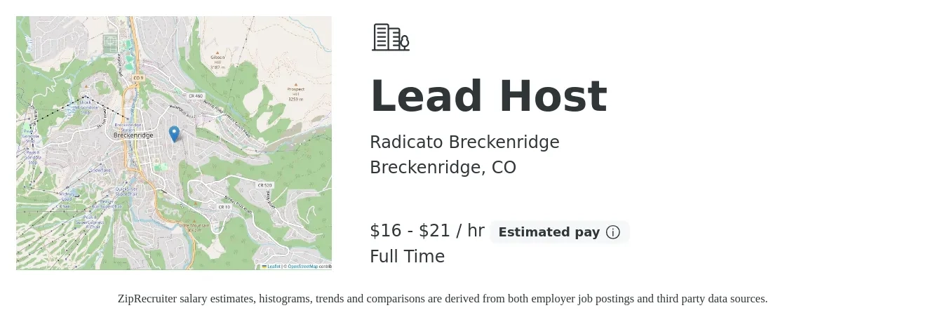 Radicato Breckenridge job posting for a Lead Host in Breckenridge, CO with a salary of $17 to $22 Hourly with a map of Breckenridge location.