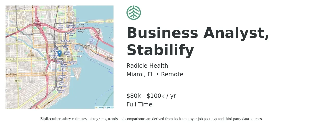Radicle Health job posting for a Business Analyst, Stabilify in Miami, FL with a salary of $80,000 to $100,000 Yearly with a map of Miami location.