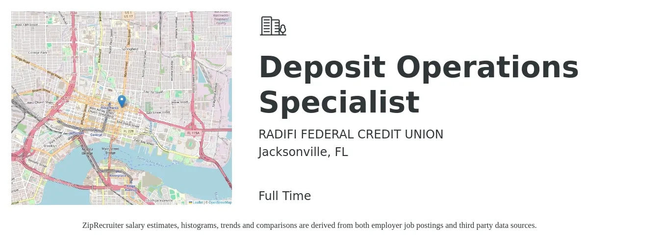 RADIFI FEDERAL CREDIT UNION job posting for a Deposit Operations Specialist in Jacksonville, FL with a salary of $38,200 to $62,400 Yearly with a map of Jacksonville location.