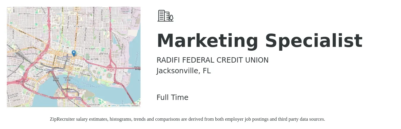 RADIFI FEDERAL CREDIT UNION job posting for a Marketing Specialist in Jacksonville, FL with a salary of $44,300 to $65,200 Yearly with a map of Jacksonville location.