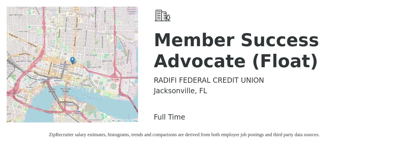 RADIFI FEDERAL CREDIT UNION job posting for a Member Success Advocate (Float) in Jacksonville, FL with a salary of $15 to $19 Hourly with a map of Jacksonville location.