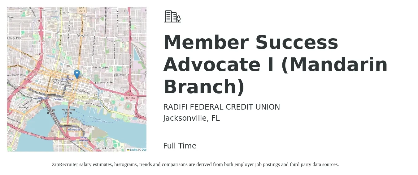 RADIFI FEDERAL CREDIT UNION job posting for a Member Success Advocate I (Mandarin Branch) in Jacksonville, FL with a salary of $21 to $25 Hourly with a map of Jacksonville location.