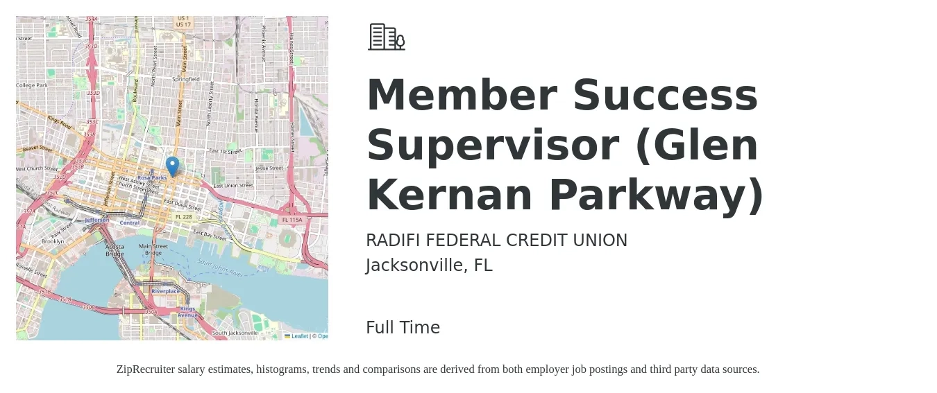 RADIFI FEDERAL CREDIT UNION job posting for a Member Success Supervisor (Glen Kernan Parkway) in Jacksonville, FL with a salary of $55,400 to $92,200 Yearly with a map of Jacksonville location.