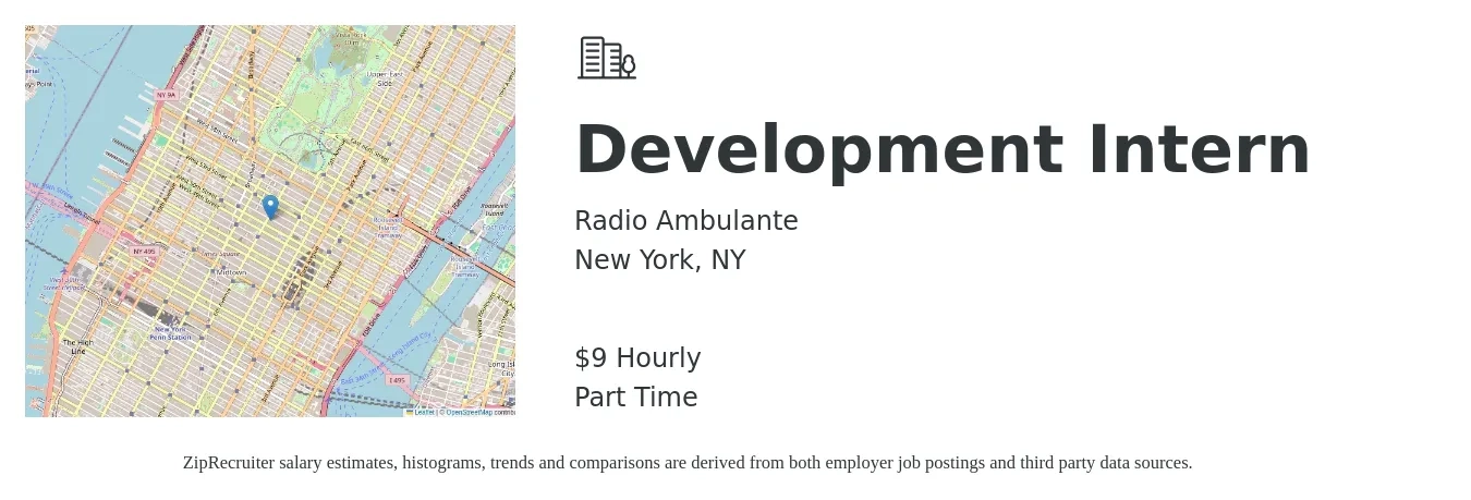 Radio Ambulante job posting for a Development Intern in New York, NY with a salary of $10 Hourly with a map of New York location.