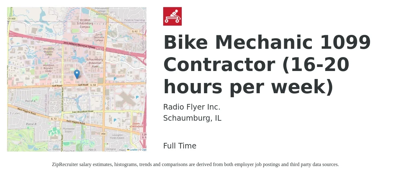 Radio Flyer Inc. job posting for a Bike Mechanic 1099 Contractor (16-20 hours per week) in Schaumburg, IL with a salary of $18 to $23 Hourly with a map of Schaumburg location.