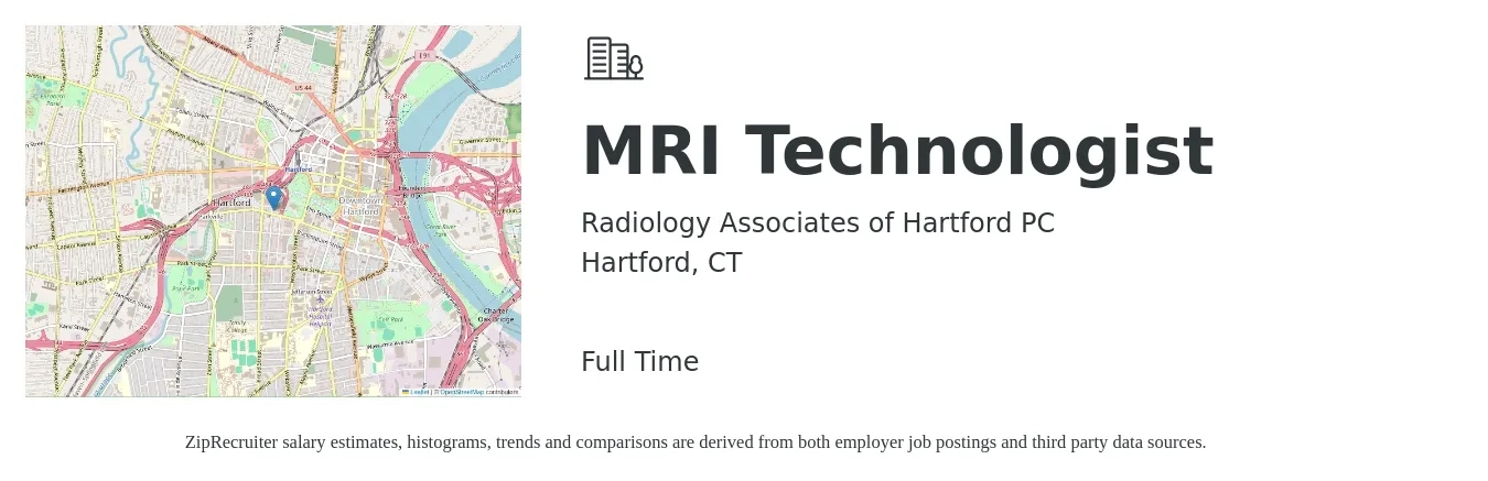 Radiology Associates of Hartford PC job posting for a MRI Technologist in Hartford, CT with a salary of $1,680 to $2,720 Weekly with a map of Hartford location.