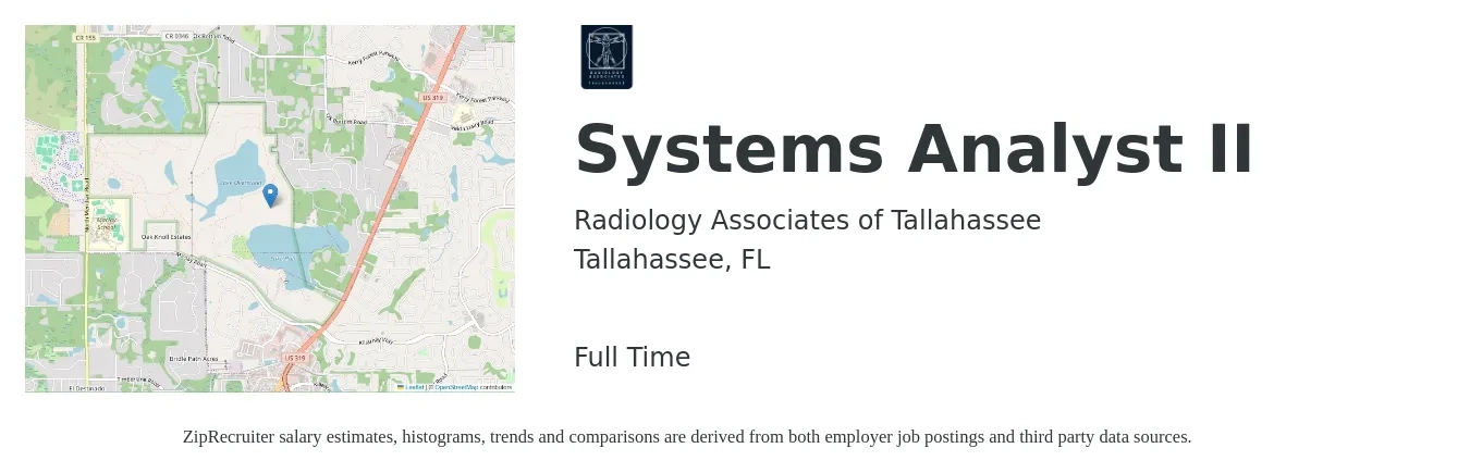 Radiology Associates of Tallahassee job posting for a Systems Analyst II in Tallahassee, FL with a salary of $55,800 to $91,200 Yearly with a map of Tallahassee location.