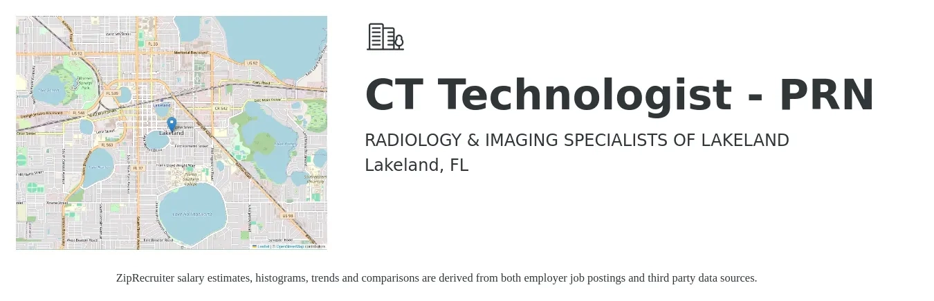 RADIOLOGY & IMAGING SPECIALISTS OF LAKELAND job posting for a CT Technologist - PRN in Lakeland, FL with a salary of $1,850 to $2,600 Weekly with a map of Lakeland location.