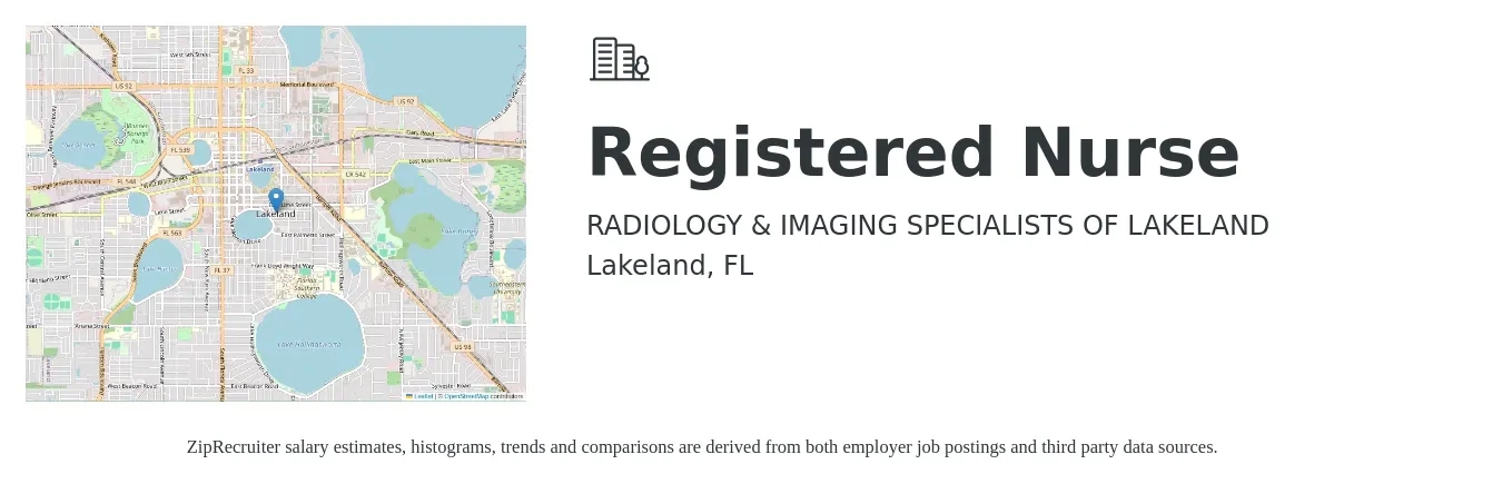 RADIOLOGY & IMAGING SPECIALISTS OF LAKELAND job posting for a Registered Nurse in Lakeland, FL with a salary of $30 to $48 Hourly with a map of Lakeland location.