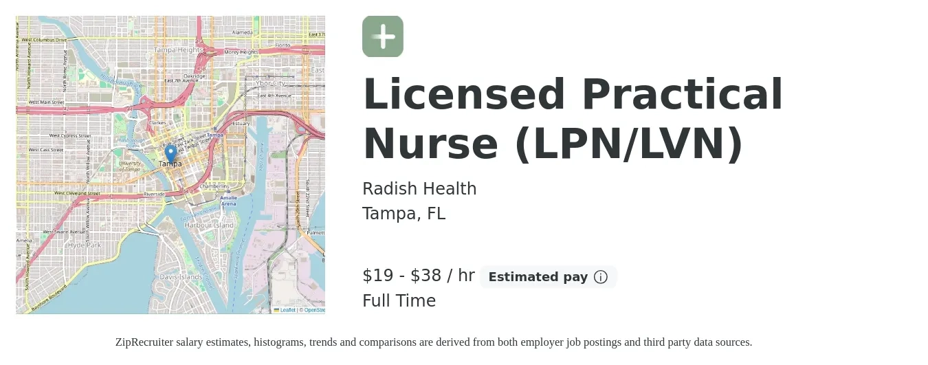 Radish Health job posting for a Licensed Practical Nurse (LPN/LVN) in Tampa, FL with a salary of $20 to $40 Hourly with a map of Tampa location.
