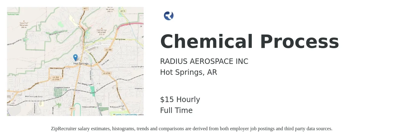 RADIUS AEROSPACE INC job posting for a Chemical Process in Hot Springs, AR with a salary of $16 Hourly with a map of Hot Springs location.
