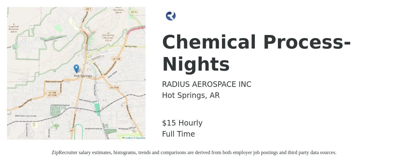 RADIUS AEROSPACE INC job posting for a Chemical Process- Nights in Hot Springs, AR with a salary of $16 Hourly with a map of Hot Springs location.