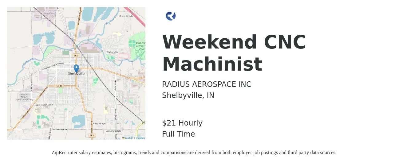 RADIUS AEROSPACE INC job posting for a Weekend CNC Machinist in Shelbyville, IN with a salary of $22 Hourly with a map of Shelbyville location.