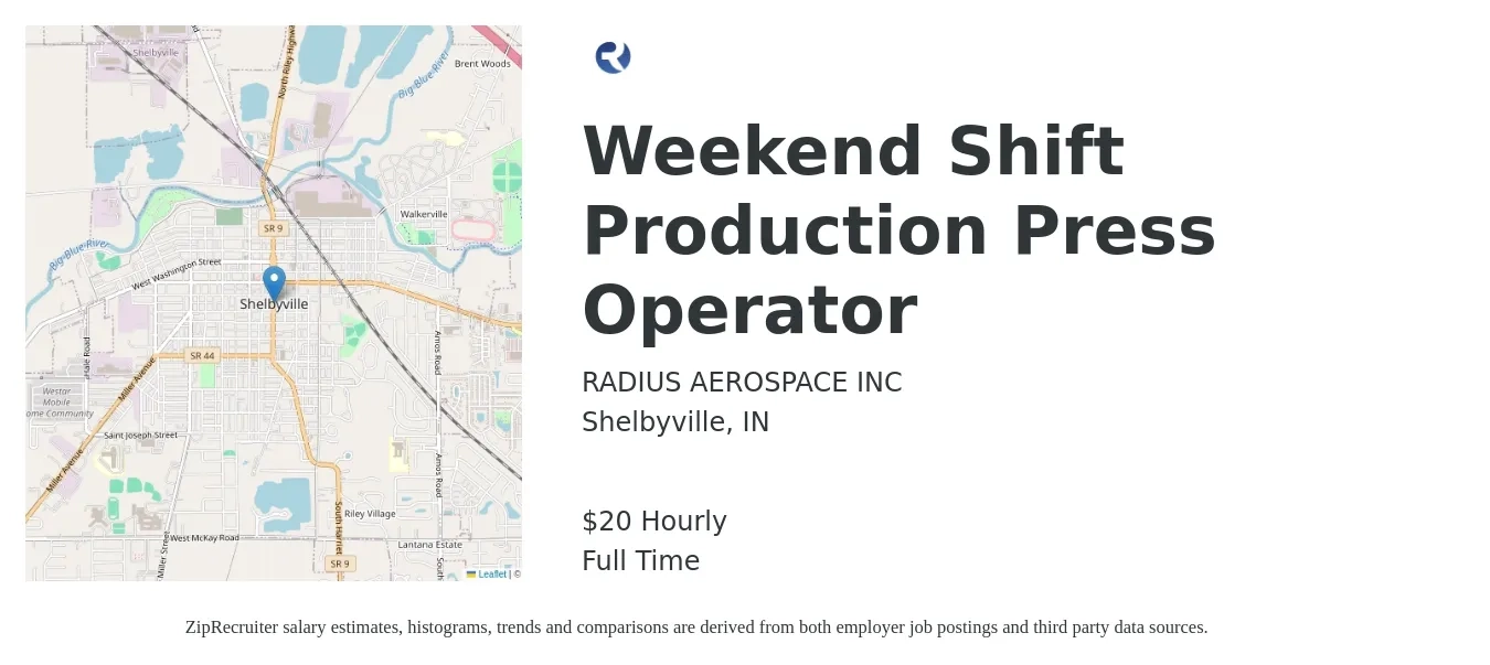 RADIUS AEROSPACE INC job posting for a Weekend Shift Production Press Operator in Shelbyville, IN with a salary of $21 Hourly with a map of Shelbyville location.