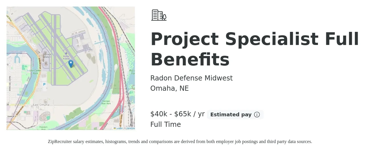 Radon Defense Midwest job posting for a Project Specialist Full Benefits in Omaha, NE with a salary of $40,000 to $65,000 Yearly with a map of Omaha location.