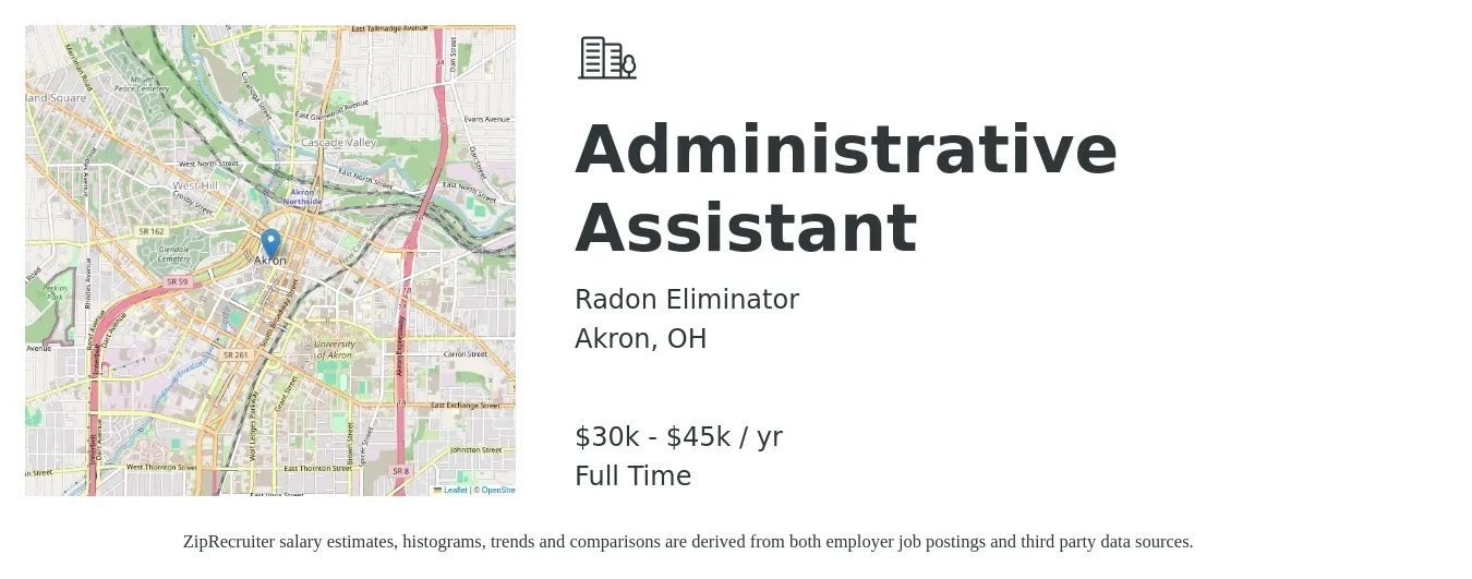 Radon Eliminator job posting for a Administrative Assistant in Akron, OH with a salary of $30,000 to $45,000 Yearly with a map of Akron location.