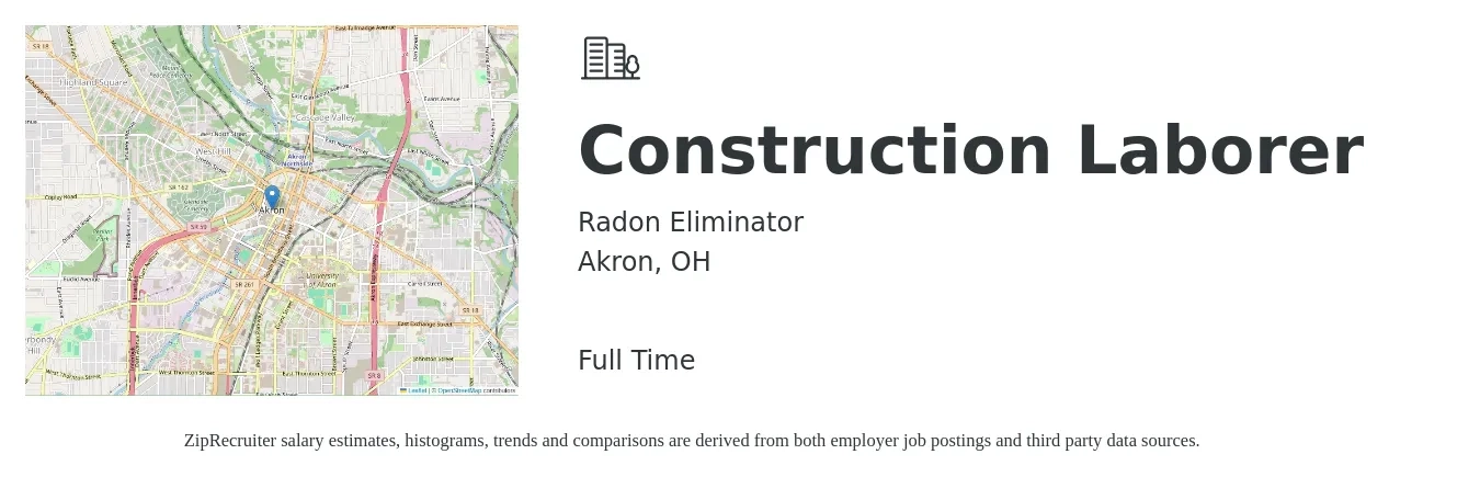 Radon Eliminator job posting for a Construction Laborer in Akron, OH with a salary of $17 to $22 Hourly with a map of Akron location.