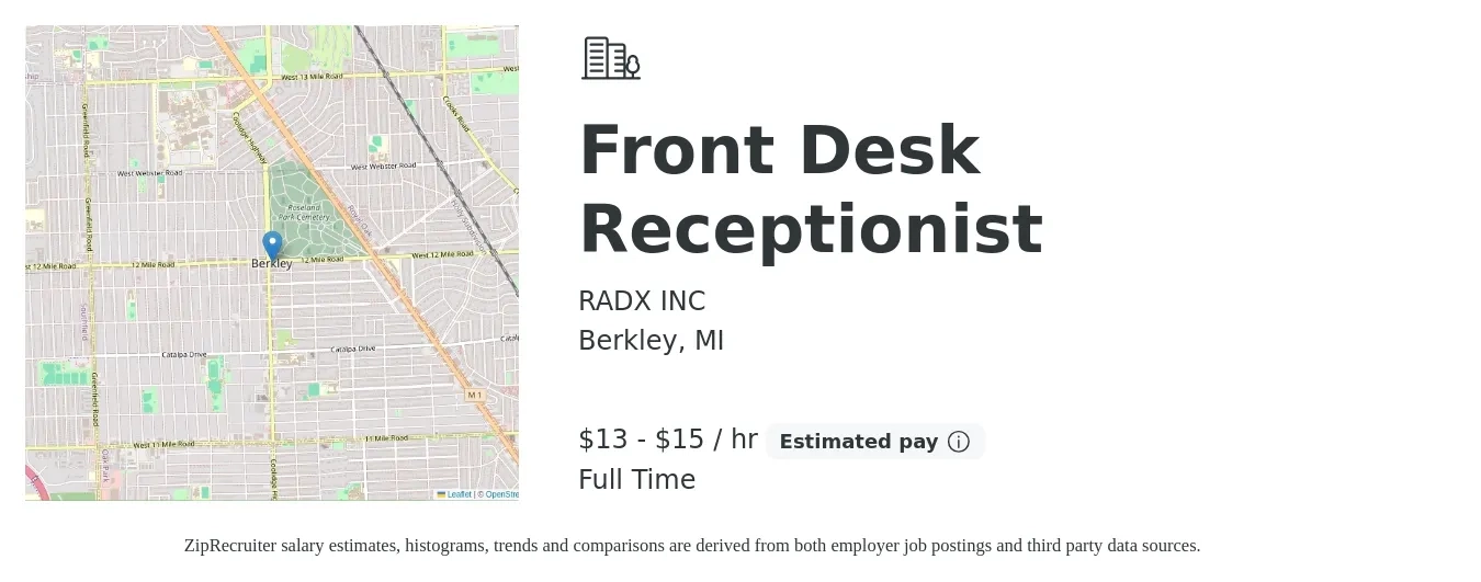 RADX INC job posting for a Front Desk Receptionist in Berkley, MI with a salary of $14 to $16 Hourly with a map of Berkley location.