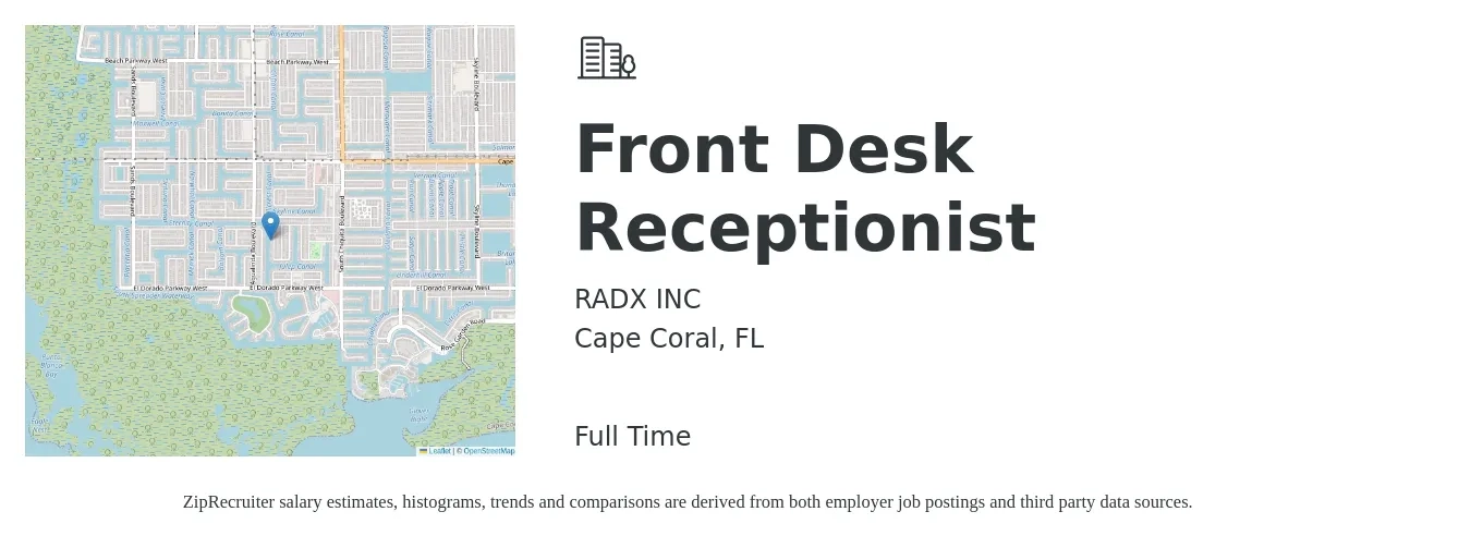 RADX INC job posting for a Front Desk Receptionist in Cape Coral, FL with a salary of $14 to $17 Hourly with a map of Cape Coral location.