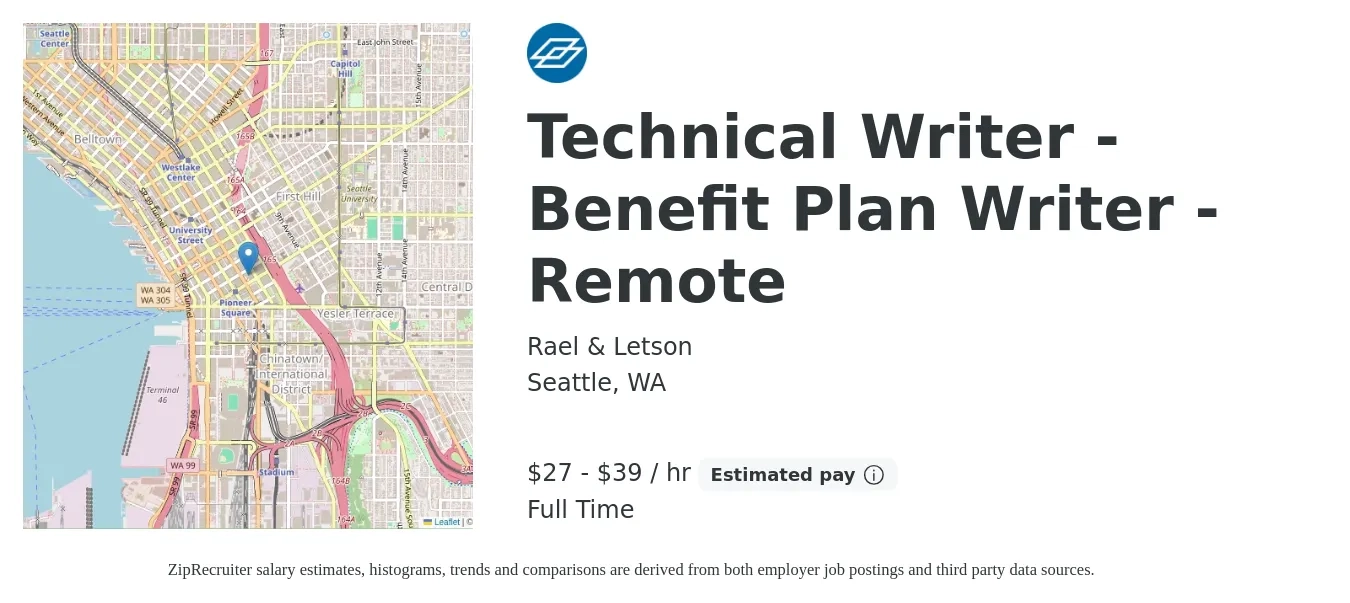 Rael & Letson job posting for a Technical Writer / Benefit Plan Writer - Remote in Seattle, WA with a salary of $29 to $41 Hourly with a map of Seattle location.
