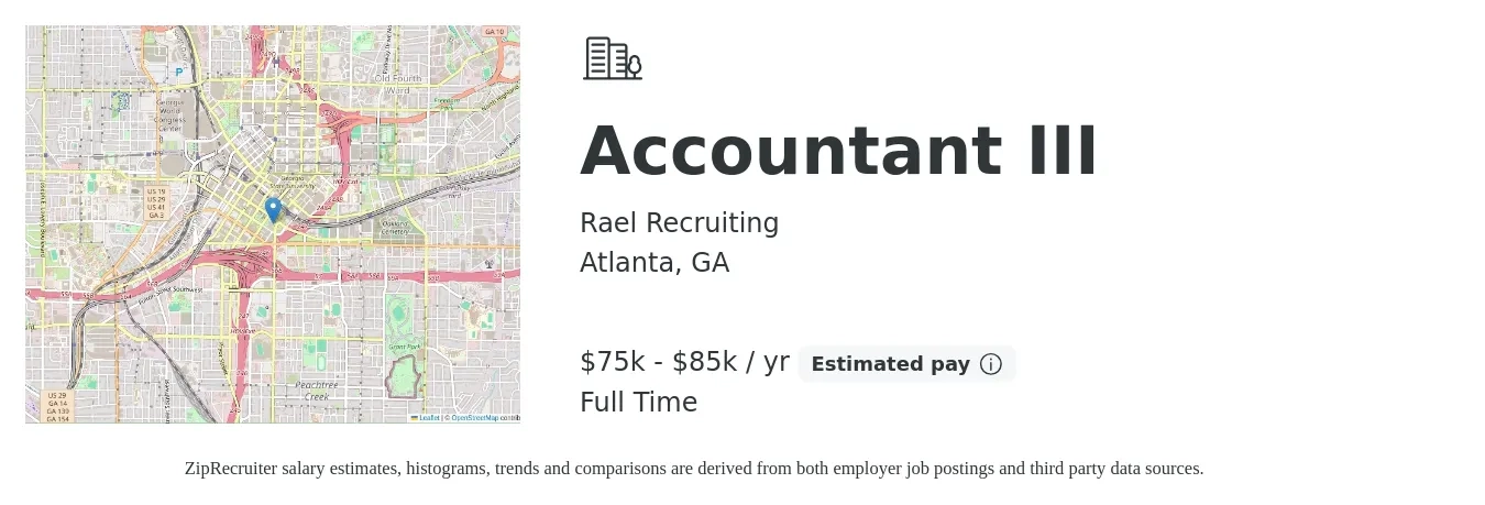 Rael Recruiting job posting for a Accountant III in Atlanta, GA with a salary of $51,400 to $75,500 Yearly with a map of Atlanta location.