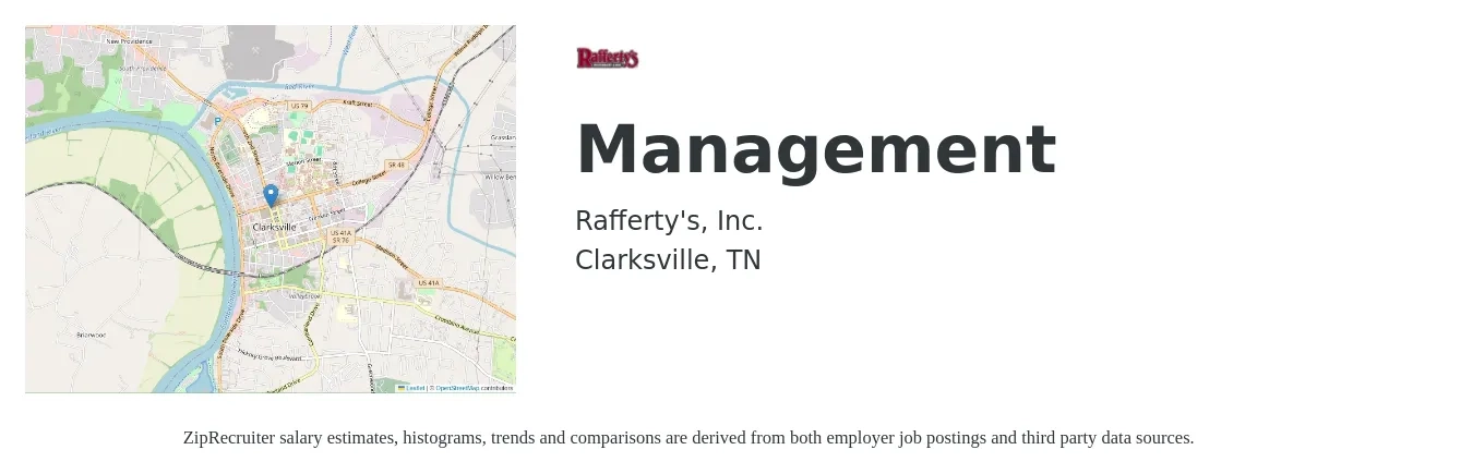Rafferty's, Inc. job posting for a Management in Clarksville, TN with a salary of $15 to $22 Hourly with a map of Clarksville location.