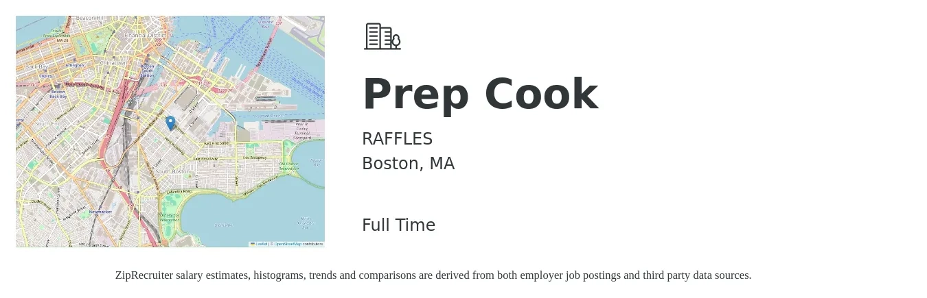 RAFFLES job posting for a Prep Cook in Boston, MA with a salary of $16 to $20 Hourly with a map of Boston location.