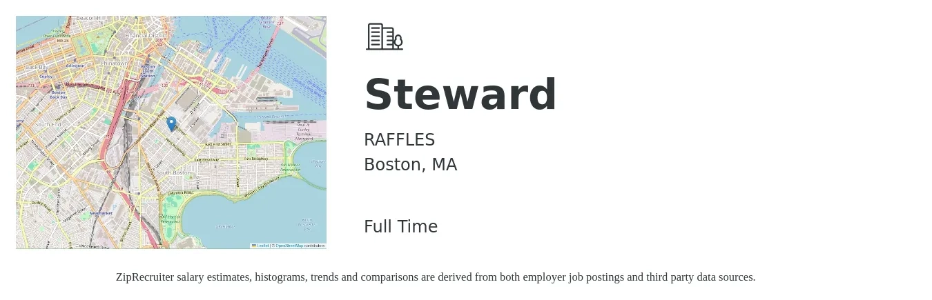 RAFFLES job posting for a Steward in Boston, MA with a salary of $16 to $22 Hourly with a map of Boston location.