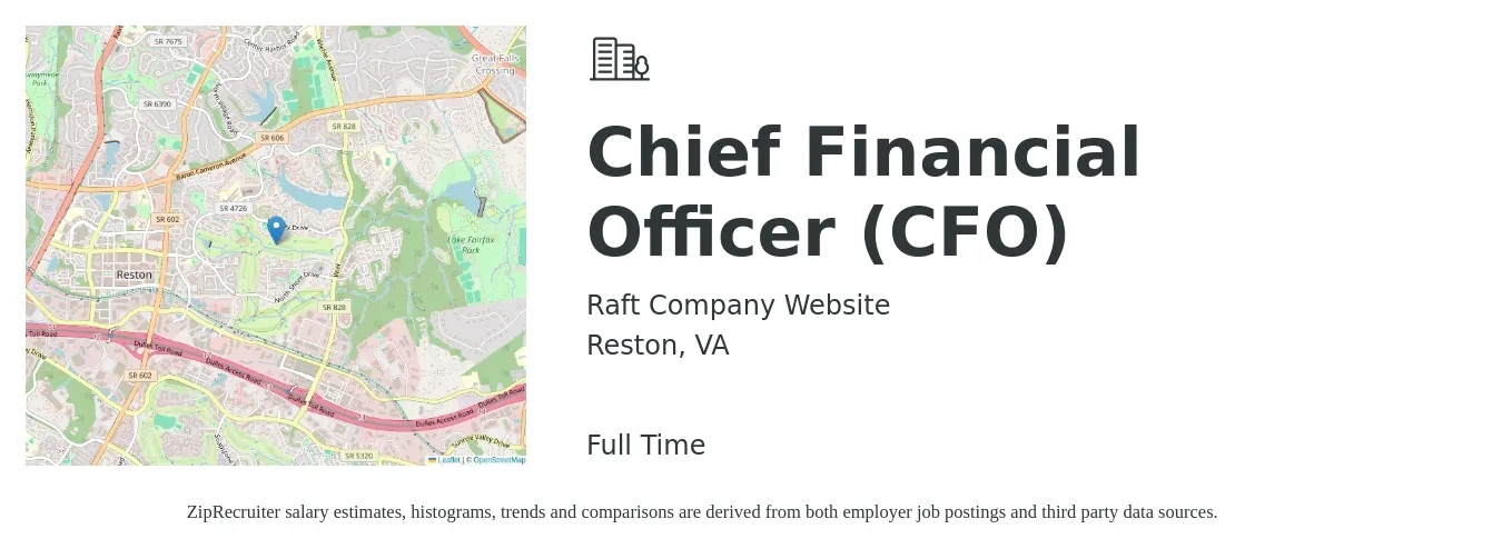 Raft Company Website job posting for a Chief Financial Officer (CFO) in Reston, VA with a salary of $146,700 to $416,100 Yearly with a map of Reston location.