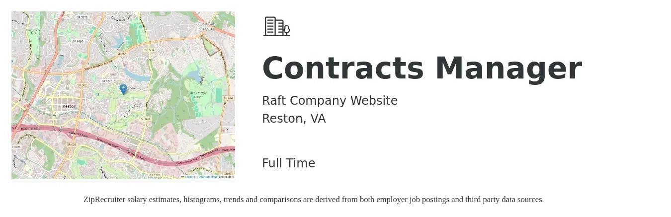 Raft Company Website job posting for a Contracts Manager in Reston, VA with a salary of $92,600 to $123,800 Yearly with a map of Reston location.