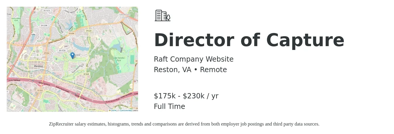 Raft Company Website job posting for a Director of Capture in Reston, VA with a salary of $175,000 to $230,000 Yearly with a map of Reston location.