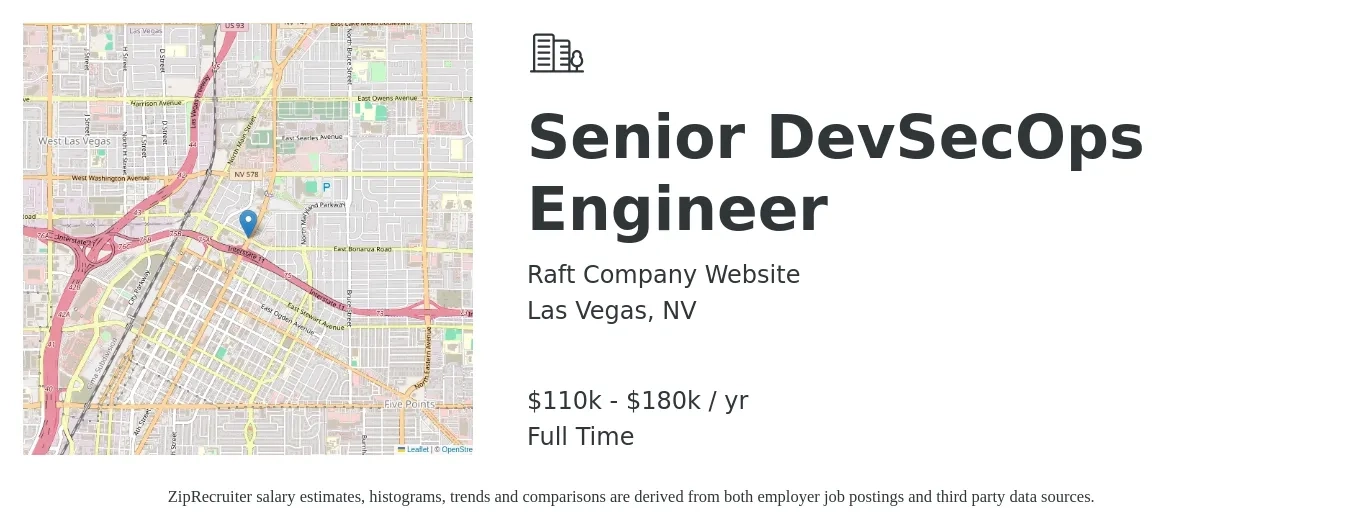 Raft Company Website job posting for a Senior DevSecOps Engineer in Las Vegas, NV with a salary of $110,000 to $180,000 Yearly with a map of Las Vegas location.