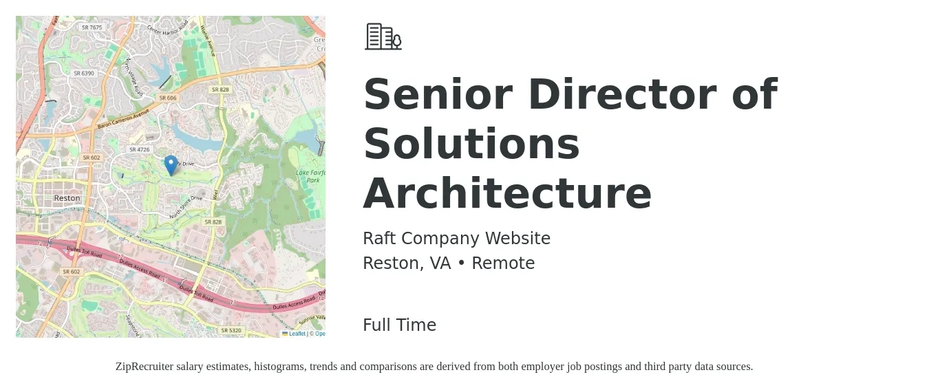 Raft Company Website job posting for a Senior Director of Solutions Architecture in Reston, VA with a salary of $105,600 to $167,500 Yearly with a map of Reston location.