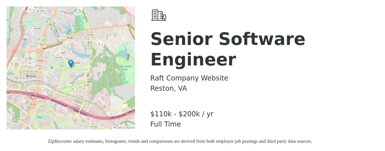 Raft Company Website job posting for a Senior Software Engineer in Reston, VA with a salary of $110,000 to $200,000 Yearly with a map of Reston location.