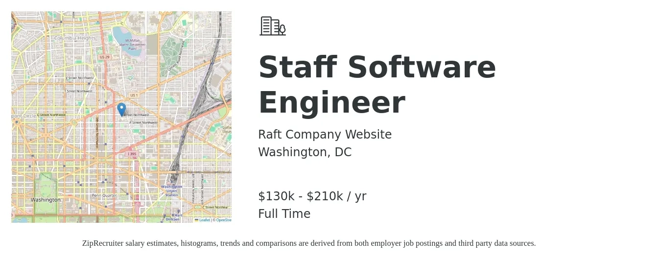Raft Company Website job posting for a Staff Software Engineer in Washington, DC with a salary of $130,000 to $210,000 Yearly with a map of Washington location.