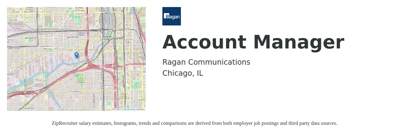 Ragan Communications job posting for a Account Manager in Chicago, IL with a salary of $49,400 to $80,900 Yearly with a map of Chicago location.