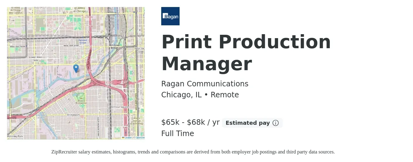Ragan Communications job posting for a Print Production Manager in Chicago, IL with a salary of $65,000 to $68,000 Yearly with a map of Chicago location.