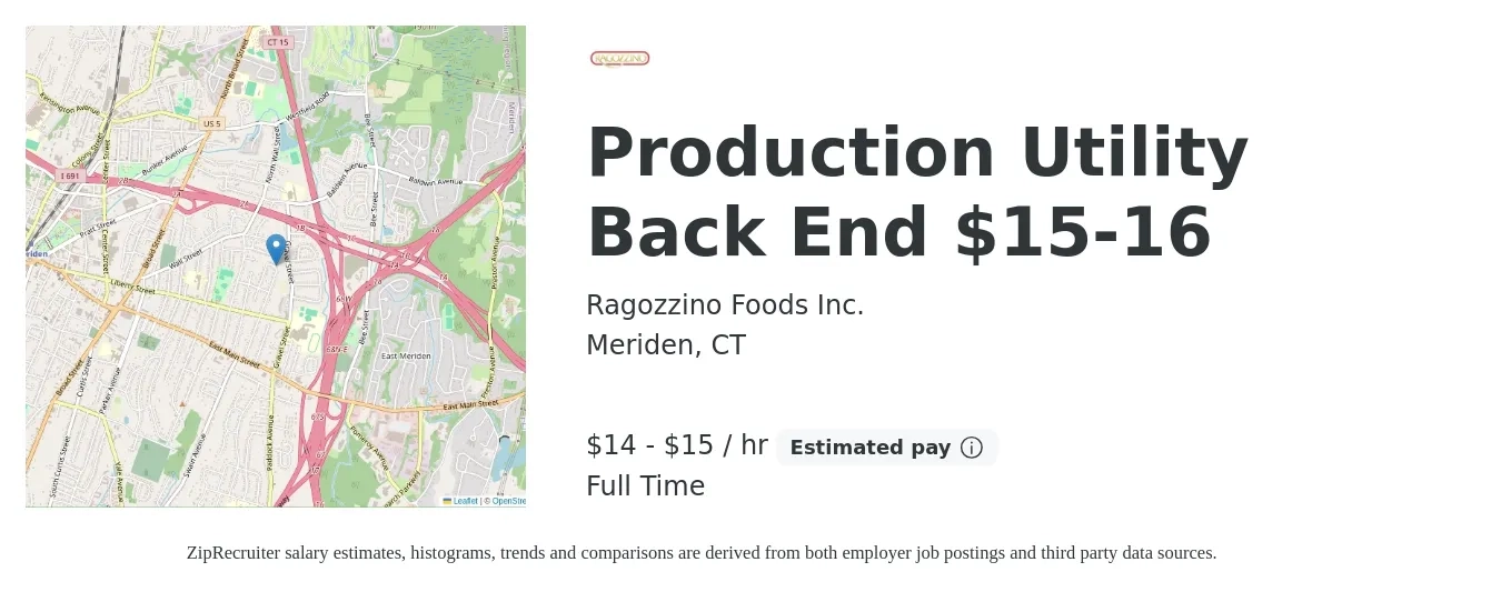 Ragozzino Foods Inc. job posting for a Production Utility Back End $15-16 in Meriden, CT with a salary of $15 to $16 Hourly with a map of Meriden location.