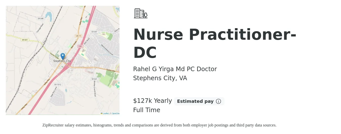 Rahel G Yirga Md PC Doctor job posting for a Nurse Practitioner- DC in Stephens City, VA with a salary of $127,000 Yearly with a map of Stephens City location.