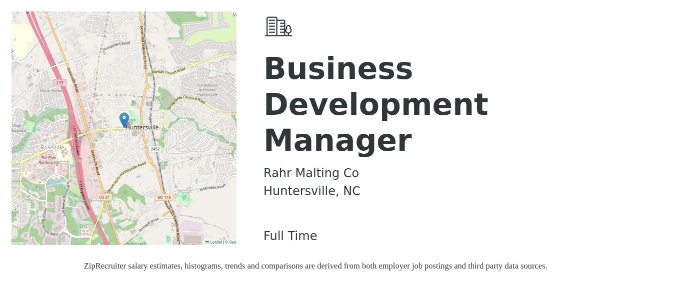 Rahr Malting Co job posting for a Business Development Manager in Huntersville, NC with a salary of $57,300 to $94,000 Yearly with a map of Huntersville location.