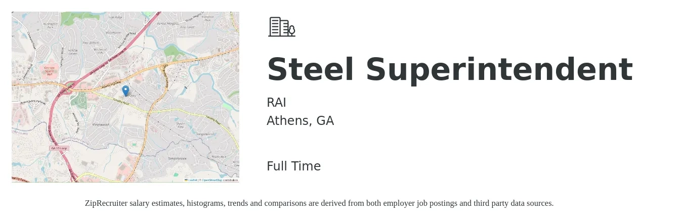RAI job posting for a Steel Superintendent in Athens, GA with a salary of $68,300 to $111,200 Yearly with a map of Athens location.