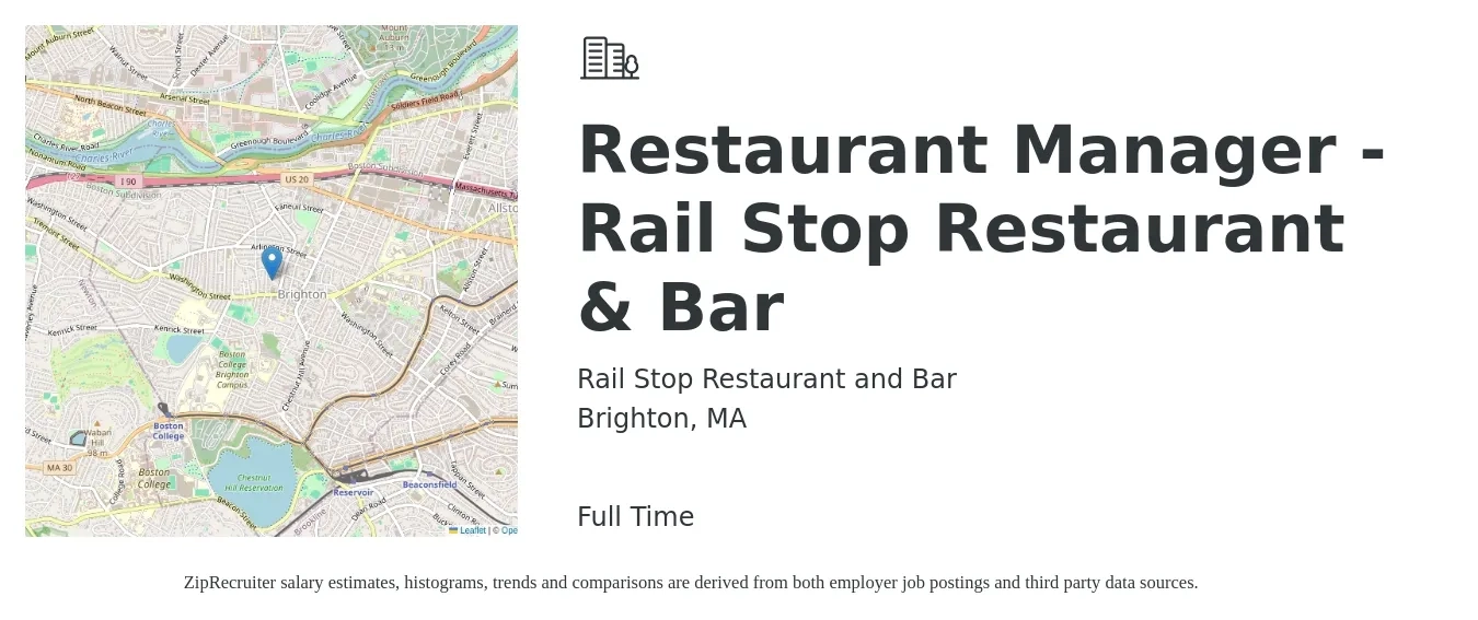 Rail Stop Restaurant and Bar job posting for a Restaurant Manager - Rail Stop Restaurant & Bar in Brighton, MA with a salary of $49,000 to $69,200 Yearly with a map of Brighton location.