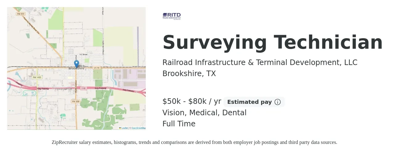 Railroad Infrastructure & Terminal Development, LLC job posting for a Surveying Technician in Brookshire, TX with a salary of $50,000 to $80,000 Yearly and benefits including dental, life_insurance, medical, pto, retirement, and vision with a map of Brookshire location.