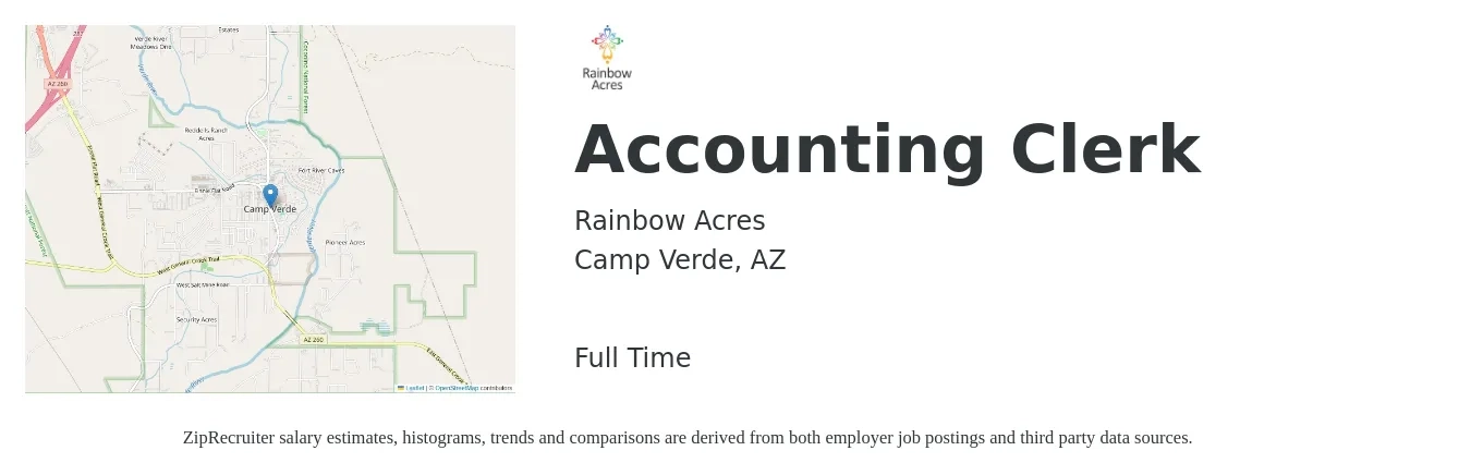 Rainbow Acres job posting for a Accounting Clerk - in Camp Verde, AZ with a salary of $18 to $23 Hourly with a map of Camp Verde location.