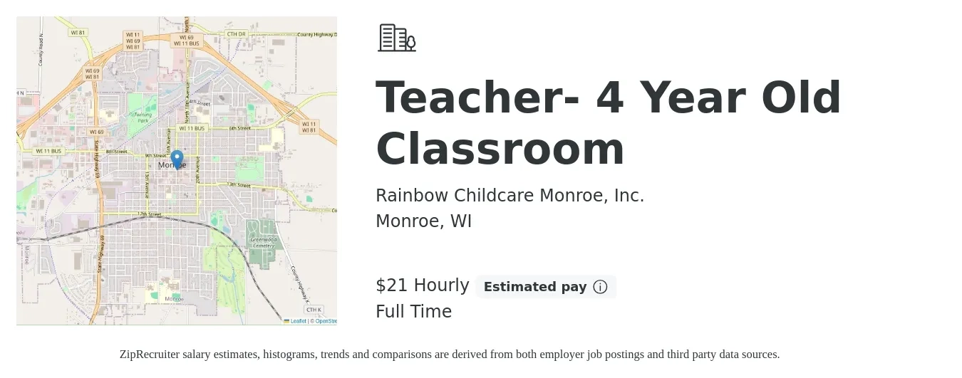 Rainbow Childcare Monroe, Inc. job posting for a Teacher- 4 Year Old Classroom in Monroe, WI with a salary of $22 Hourly with a map of Monroe location.